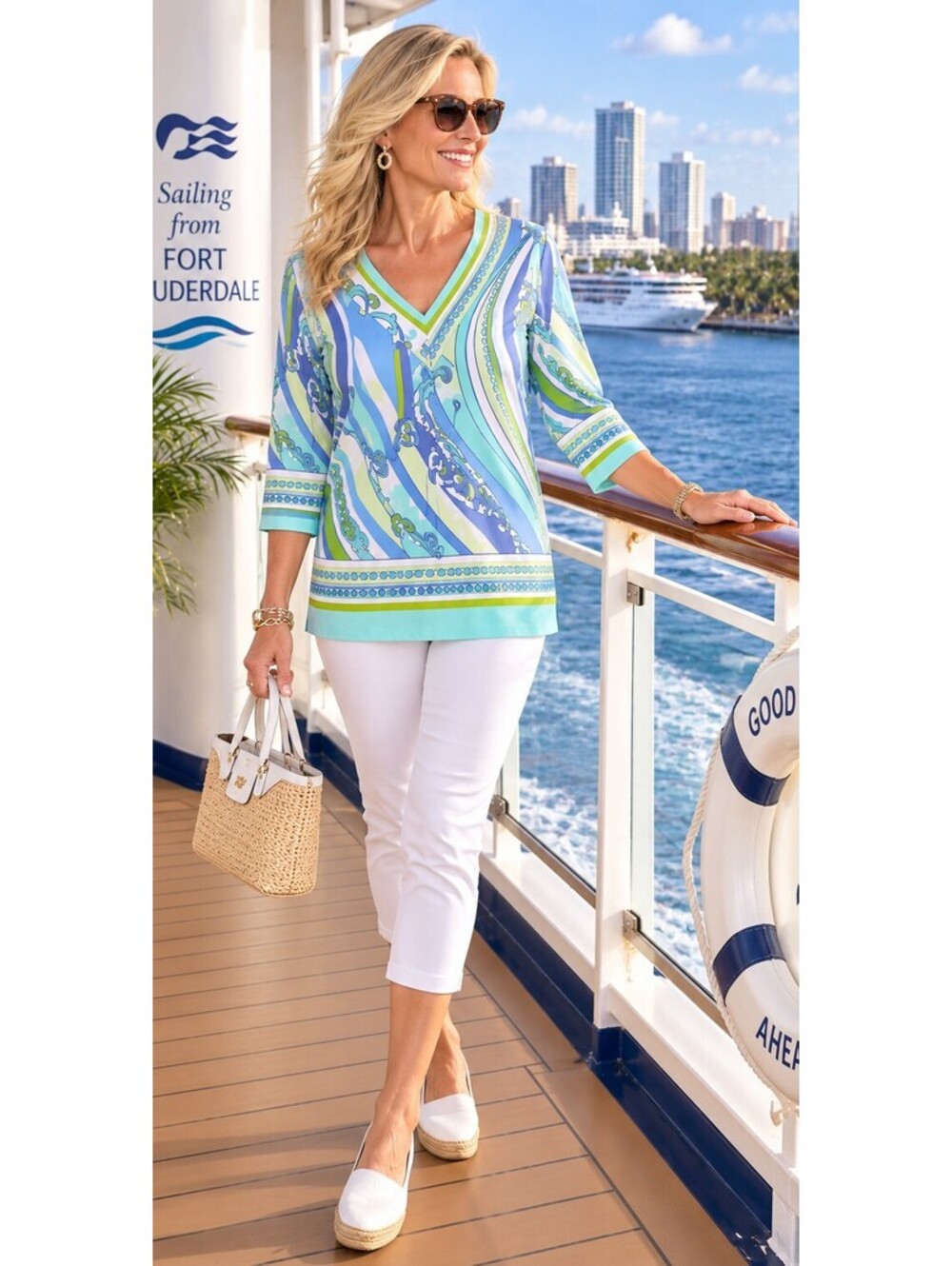 Barbara Gerwit Tunic Top L Blue Green Mod Abstract Print Cotton Stretch V Neck